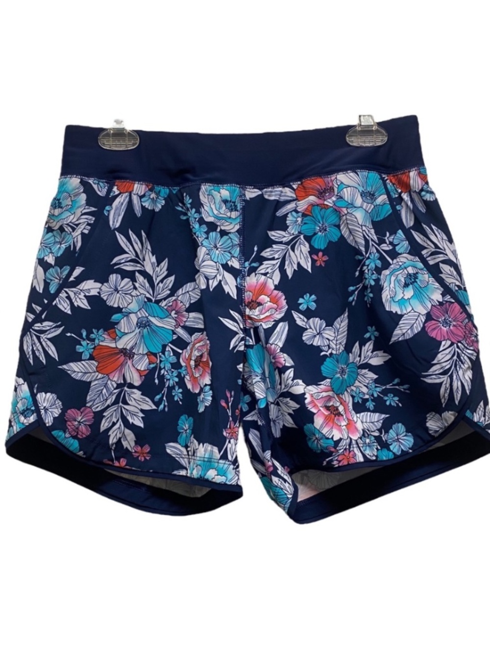 Lands' End Swim Shorts Floral Elastic Drawstring Waist Stretchy Navy Size 6